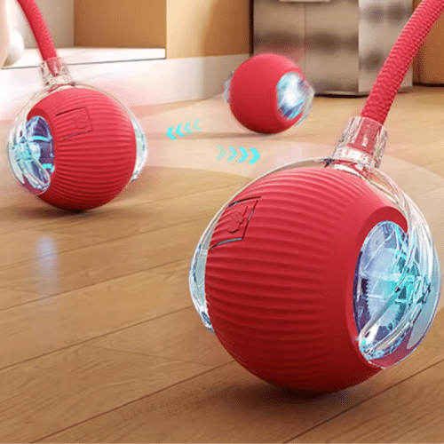 Balle interactive automatique rechargeable pour chiens et chats en action sur le sol.